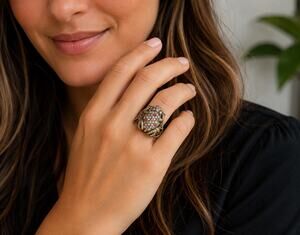 Fossil Frog Ring Multicolor Rhinestone Antiqued Bronze Tone Statement Size 7.5